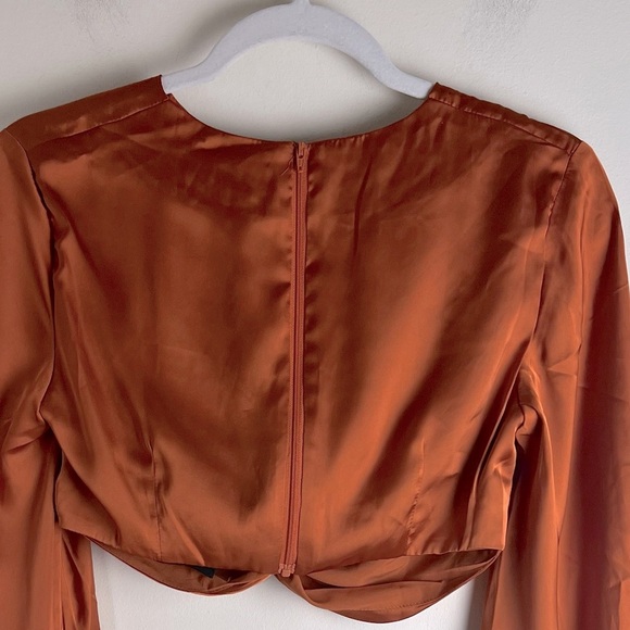 Andrea Iyamah | Bubble Sleeve Front Twist Satin Behati Rust Cropped Top | XS - Picture 10 of 15